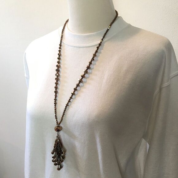 Handmade Tassel Necklace 33in Bronze Metallic Coated Glass Beads - Picture 3 of 12